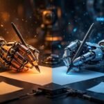 Best Copy AI alternatives: two robotic hands writing on documents in warm and cool tones, a versus comparison concept