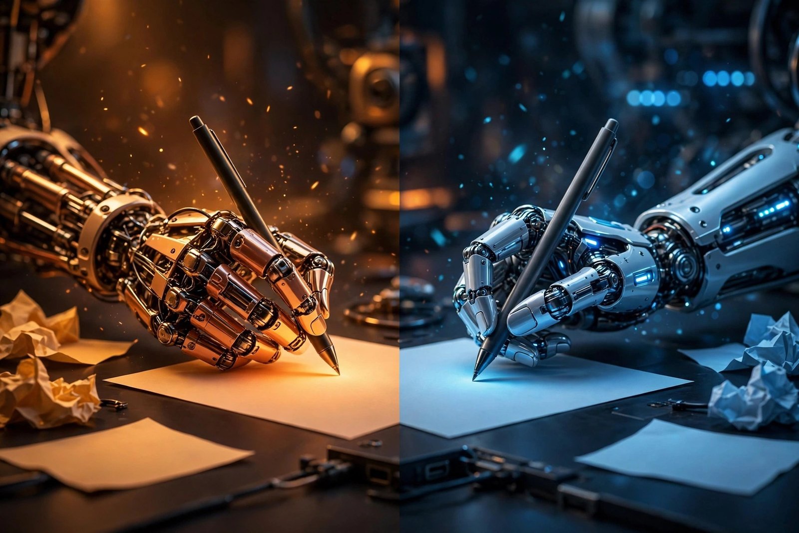 Best Copy AI alternatives: two robotic hands writing on documents in warm and cool tones, a versus comparison concept