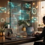 Best ai tools for executive assistants: elegant executive desk with floating holographic calendar panels and email icons