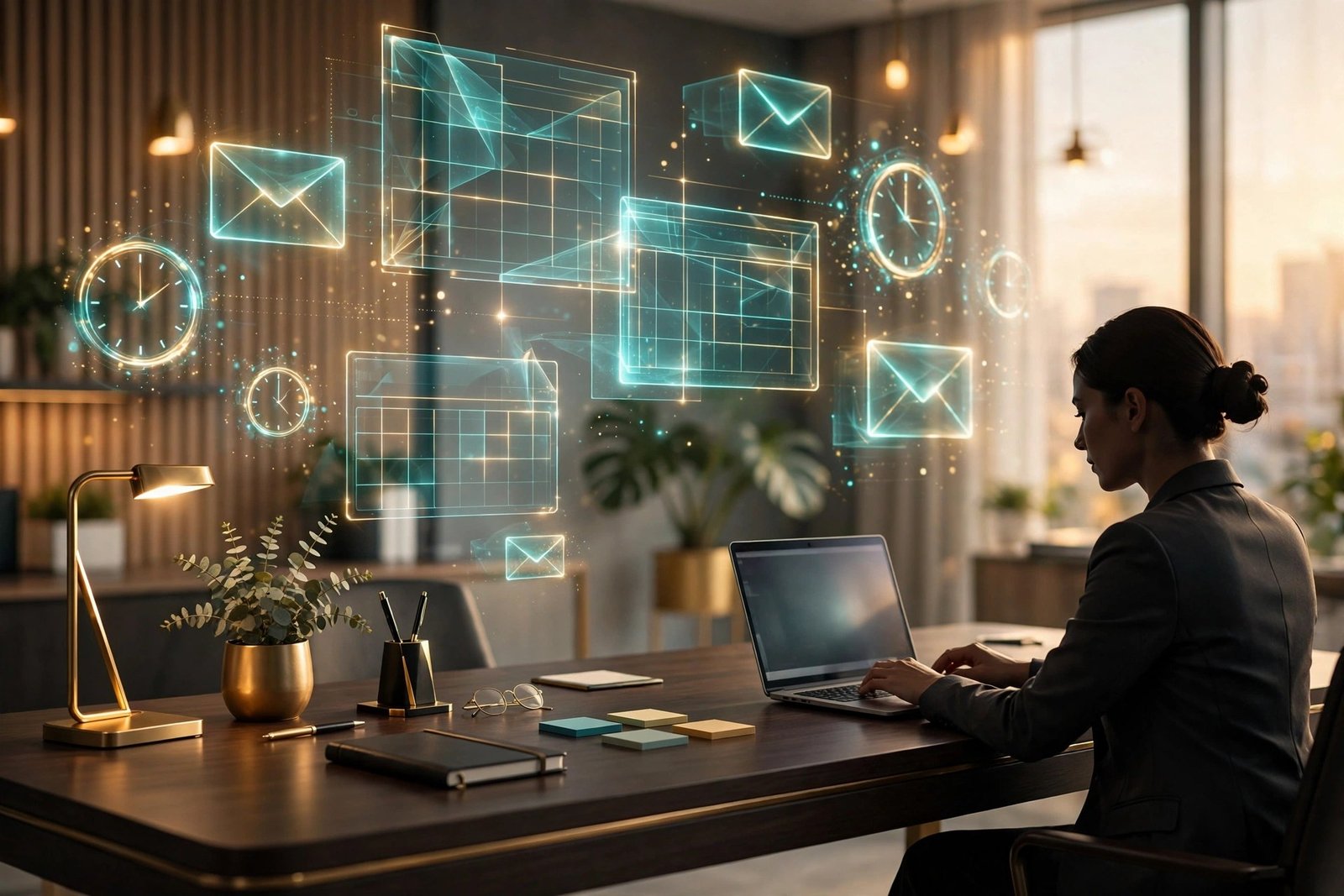 Best ai tools for executive assistants: elegant executive desk with floating holographic calendar panels and email icons
