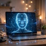 Best video chat with AI app: laptop showing a video call with a friendly glowing AI avatar in a home office
