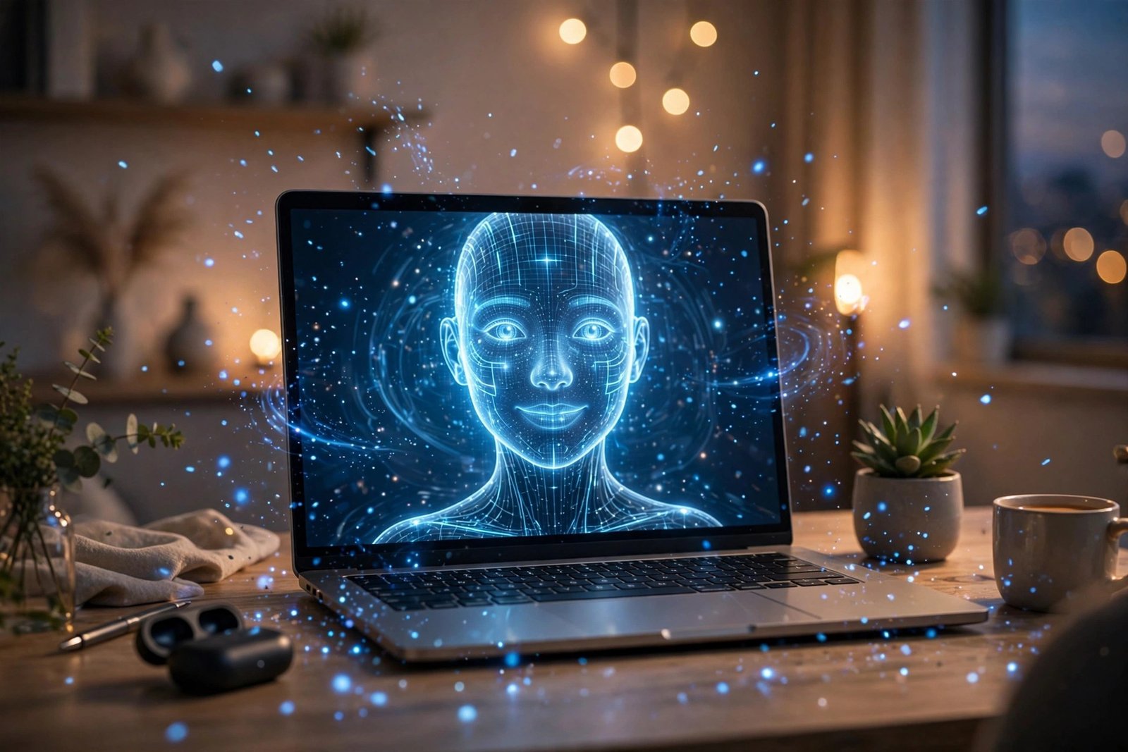 Best video chat with AI app: laptop showing a video call with a friendly glowing AI avatar in a home office