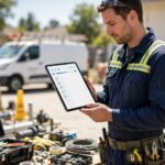 Job sheet software: field service technician holding a tablet with a digital job checklist at a sunny job site