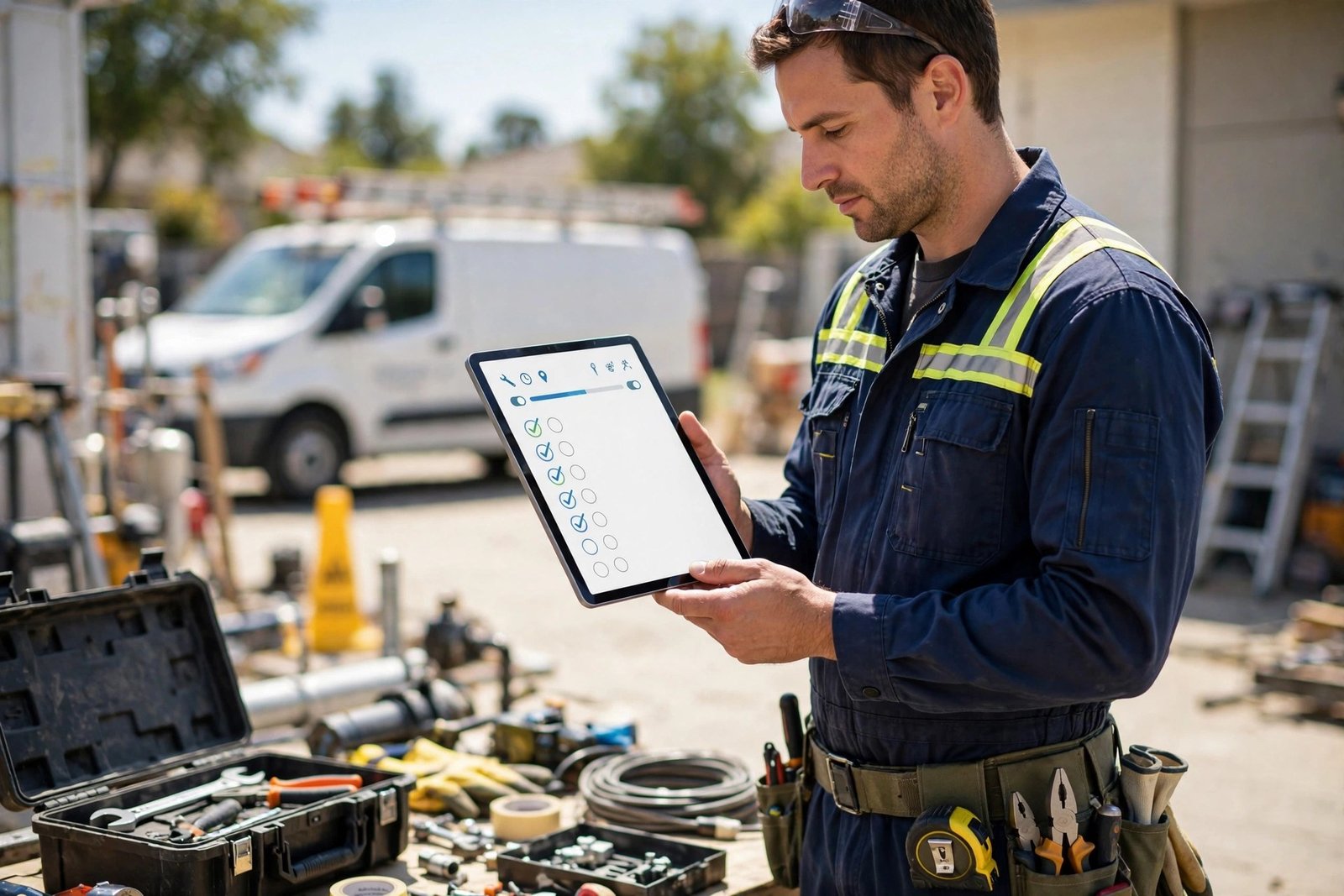 Job sheet software: field service technician holding a tablet with a digital job checklist at a sunny job site