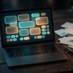 Nova Notes review: minimalist note-taking app interface on a laptop with scattered paper notes on a dark desk