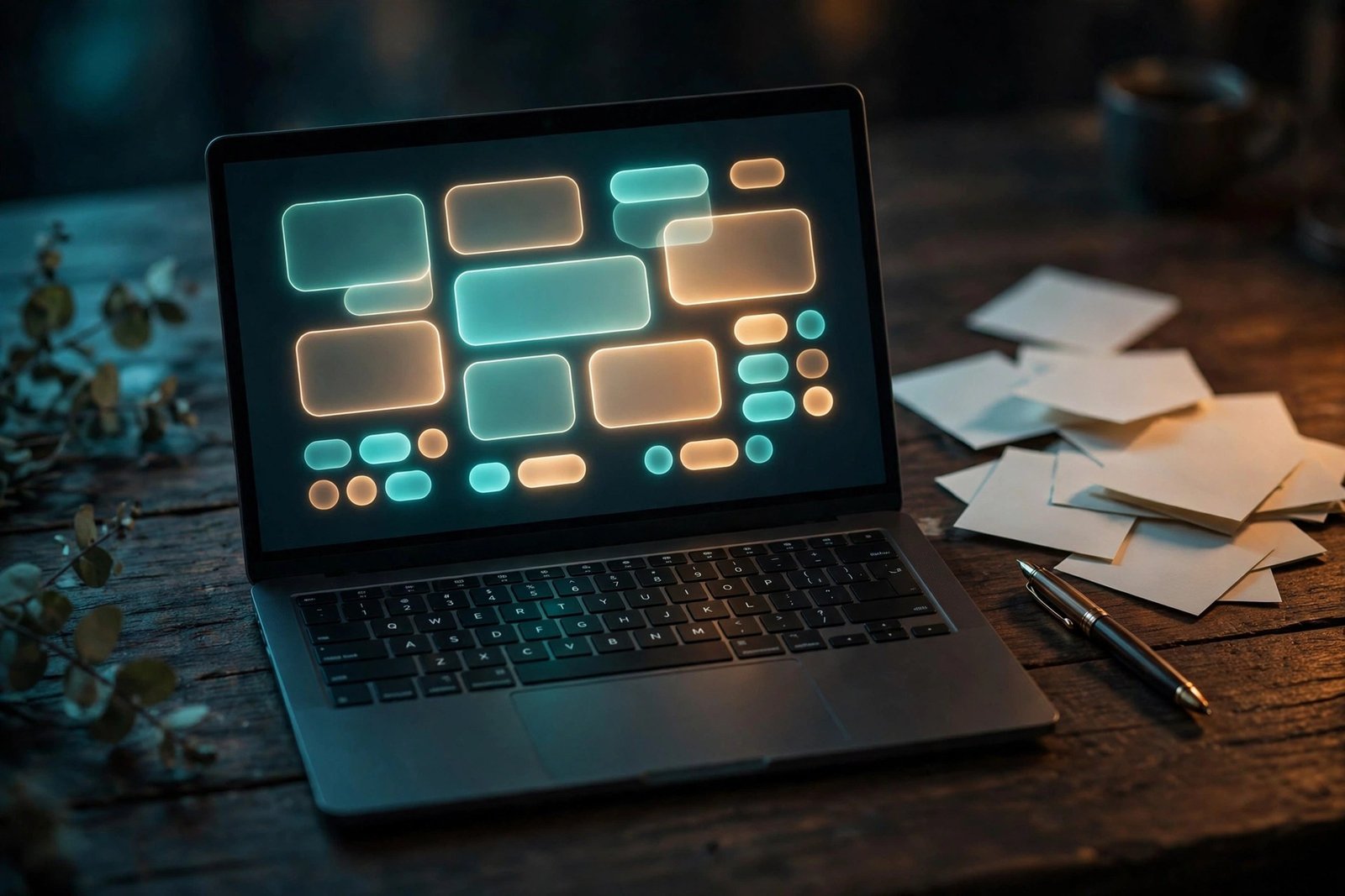 Nova Notes review: minimalist note-taking app interface on a laptop with scattered paper notes on a dark desk
