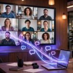 Conference call transcription services compared: conference room video call with audio waveforms and transcription flowing to a laptop