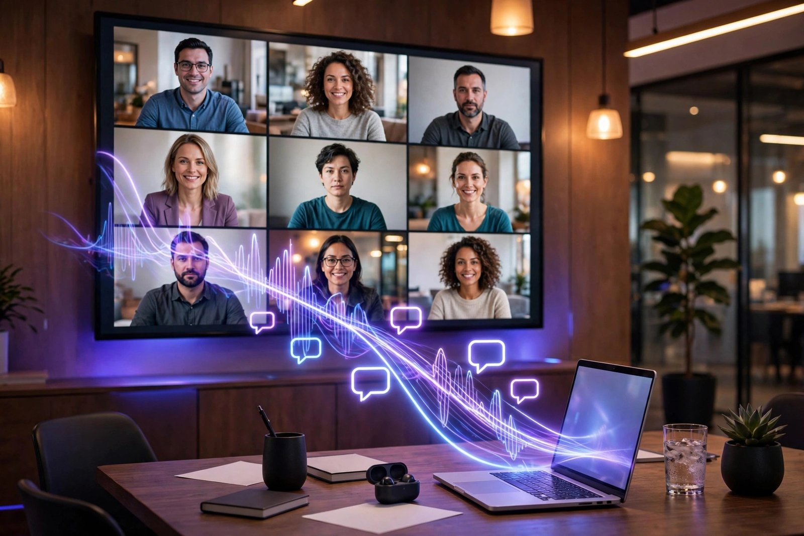 Conference call transcription services compared: conference room video call with audio waveforms and transcription flowing to a laptop