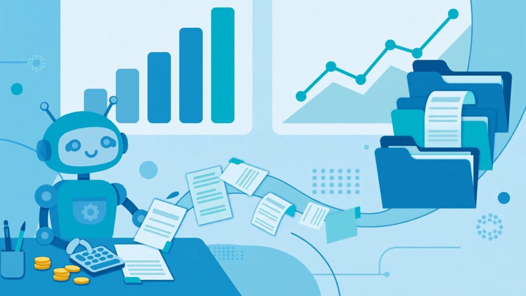AI assistant illustration managing invoices and financial charts for the best AI accounting software in 2026