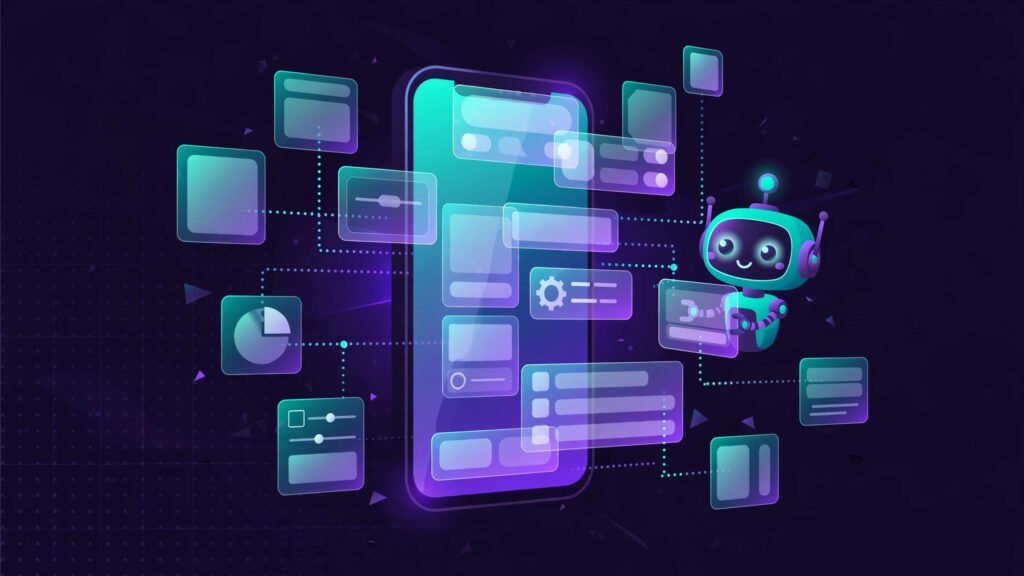 AI illustration of a no-code app builder with a glowing smartphone, floating UI blocks and a robot helper