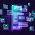 AI illustration of a no-code app builder with a glowing smartphone, floating UI blocks and a robot helper