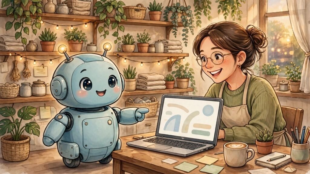 Friendly robot chatbot assistant helping a smiling small business owner on a laptop inside a cozy shop, warm illustration