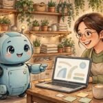 Friendly robot chatbot assistant helping a smiling small business owner on a laptop inside a cozy shop, warm illustration