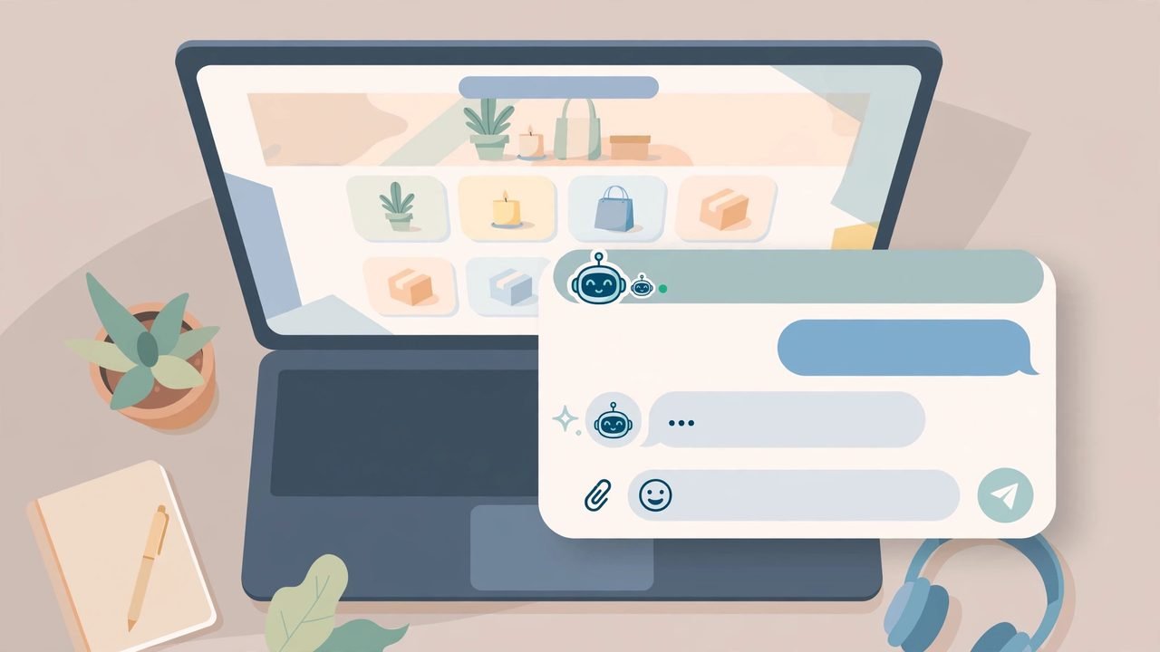 Illustration of a generic website chat widget with a friendly robot replying to a visitor on a small business laptop screen