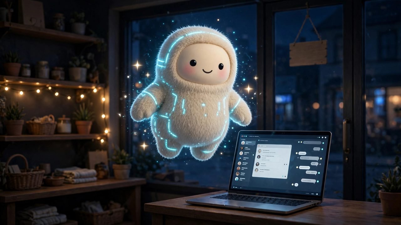 Glowing robot chatbot helping an online customer at night while the small shop sits dark and closed, illustration