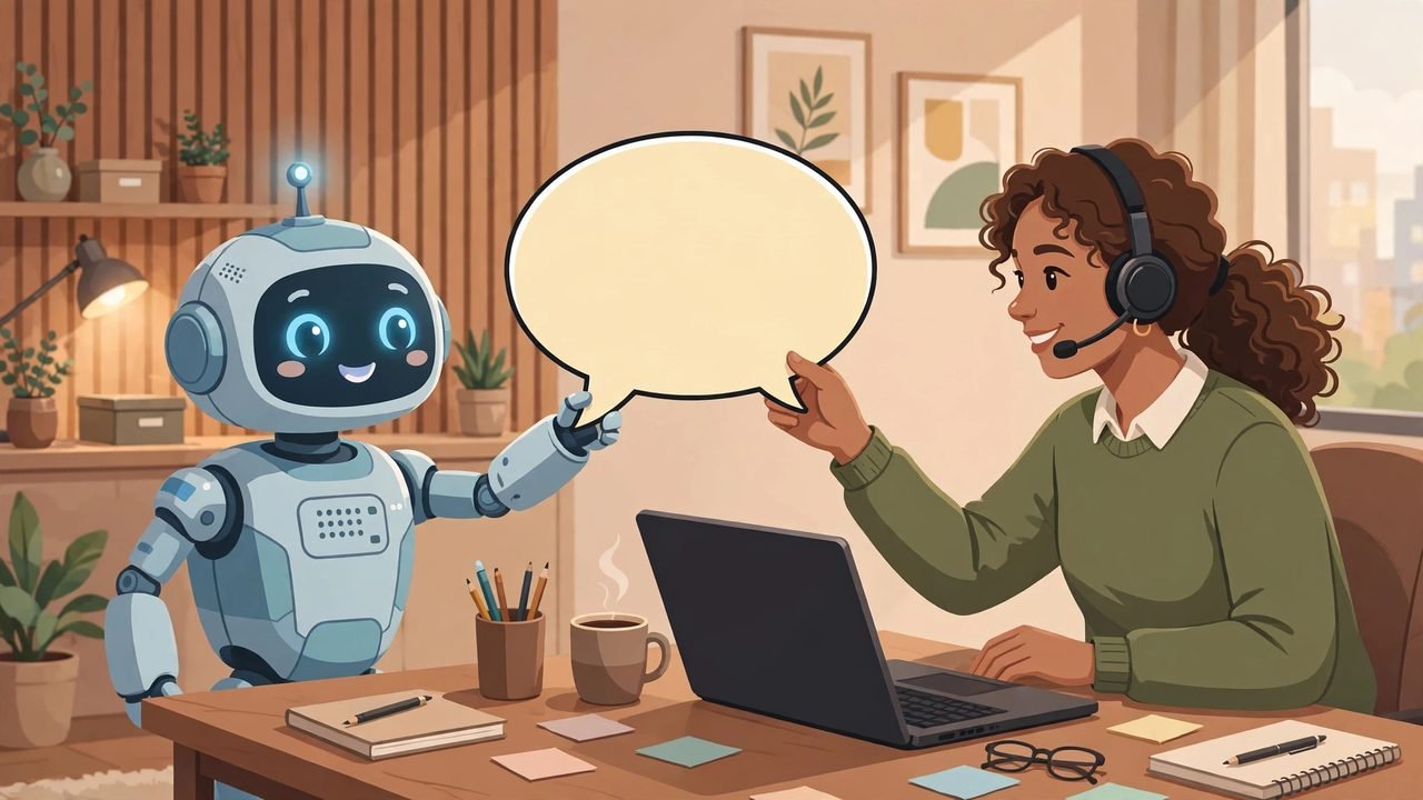 Robot chatbot handing a conversation speech bubble to a human support agent wearing a headset, teamwork illustration