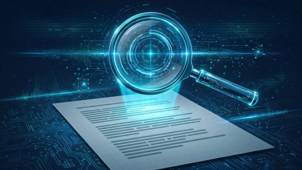 Glowing magnifying glass scanning a document page to detect AI-generated content — the best AI content detectors of 2026