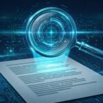 Glowing magnifying glass scanning a document page to detect AI-generated content — the best AI content detectors of 2026
