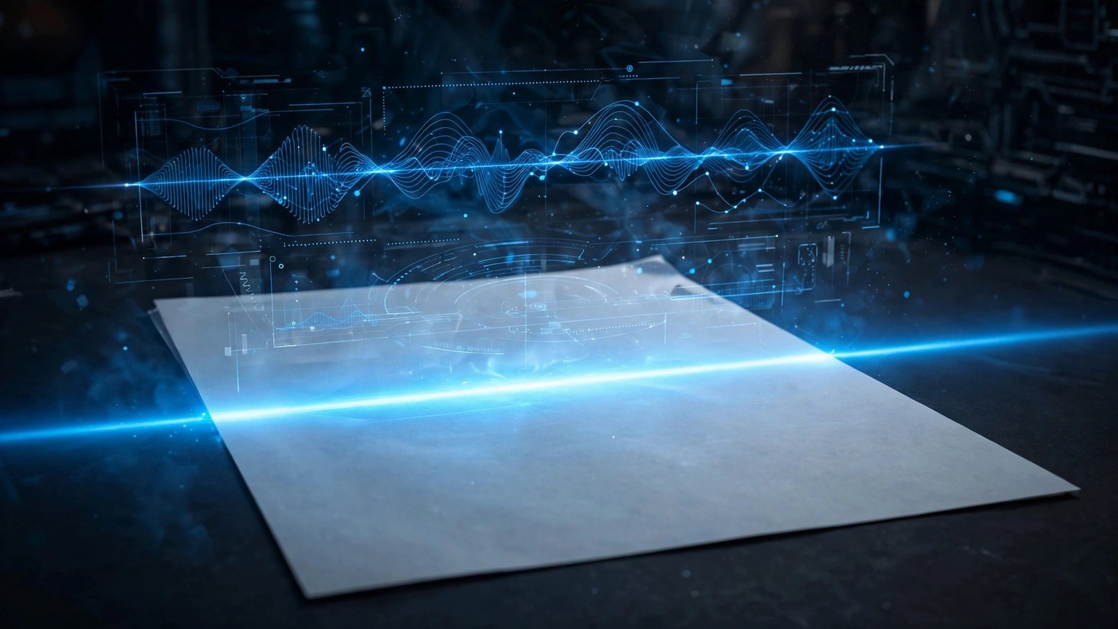 Best AI content detectors 2026 — a document page under a glowing scanner beam with analysis overlay graphics during AI detection