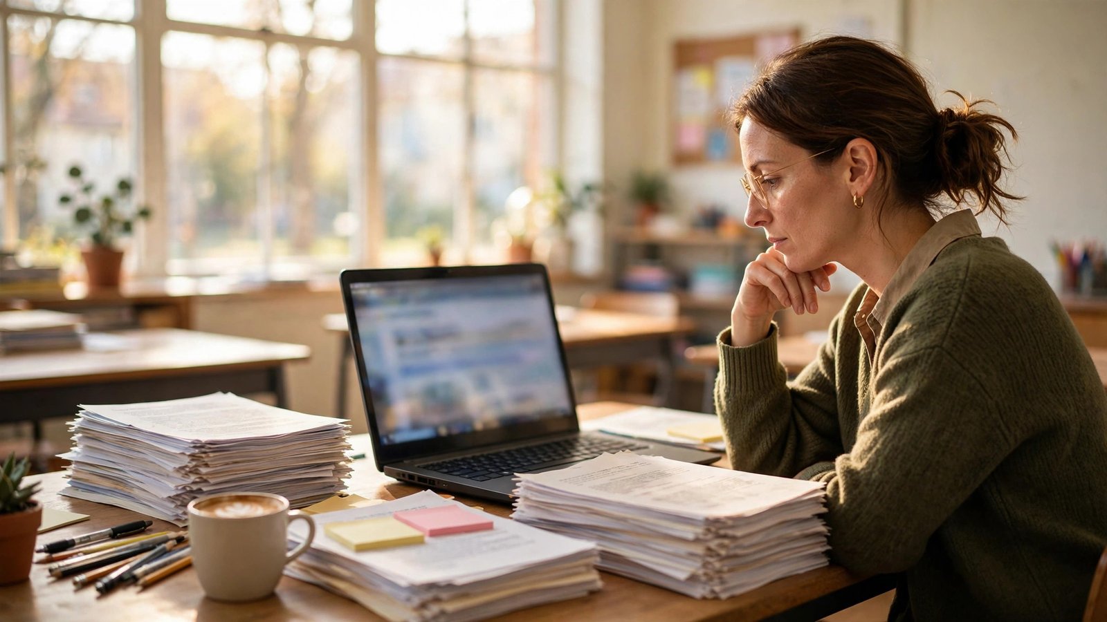 A teacher reviewing student essays on a laptop in a bright classroom with stacks of papers on the desk