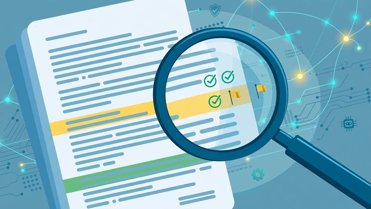 Best AI contract review software for small business: illustration of an AI contract review concept with a legal document and highlighted clauses under a magnifying glass