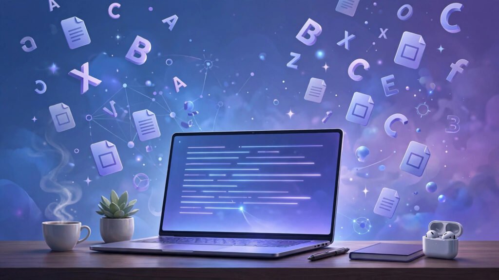 Illustration of a modern desk with a glowing laptop drafting copy, surrounded by floating letters and document icons in blue and purple tones