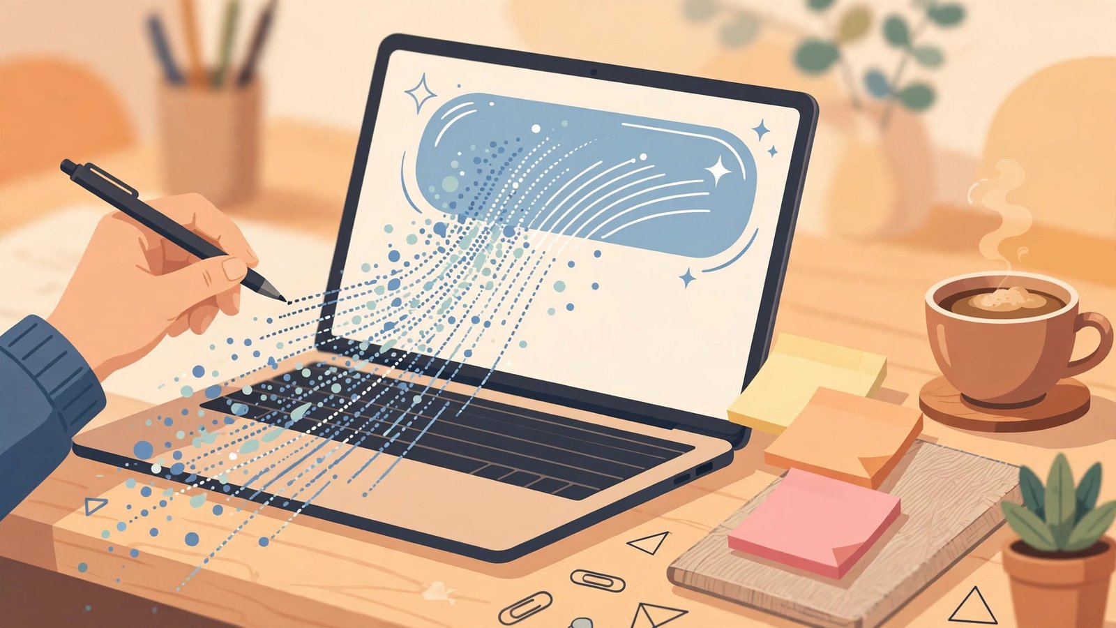 Freelancer's AI copywriting workflow: laptop drafting marketing copy with notes, coffee, and reference materials on a bright desk