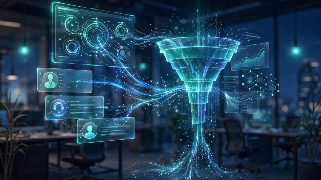 AI-powered CRM dashboard illustration with glowing data streams, customer profiles and a sales pipeline funnel