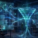 AI-powered CRM dashboard illustration with glowing data streams, customer profiles and a sales pipeline funnel