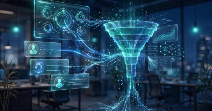 AI-powered CRM dashboard illustration with glowing data streams, customer profiles and a sales pipeline funnel