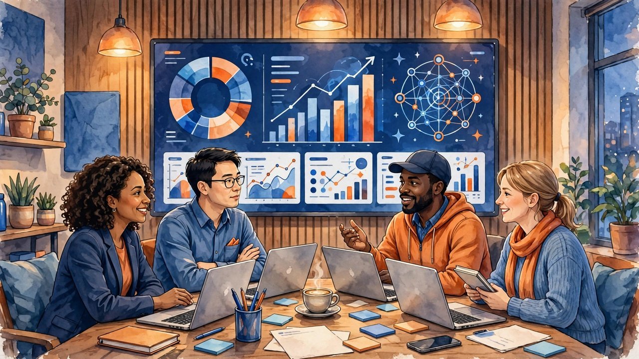 Small sales team collaborating around laptops with AI customer insight screens