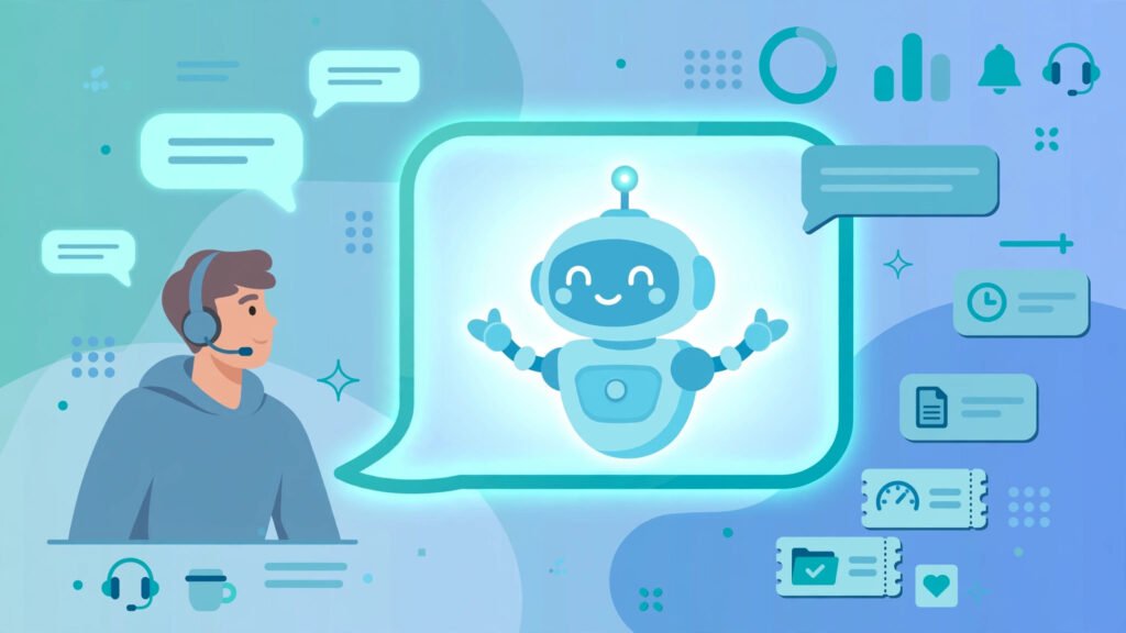 Friendly AI robot chatbot helping a customer inside a glowing chat bubble on a support dashboard