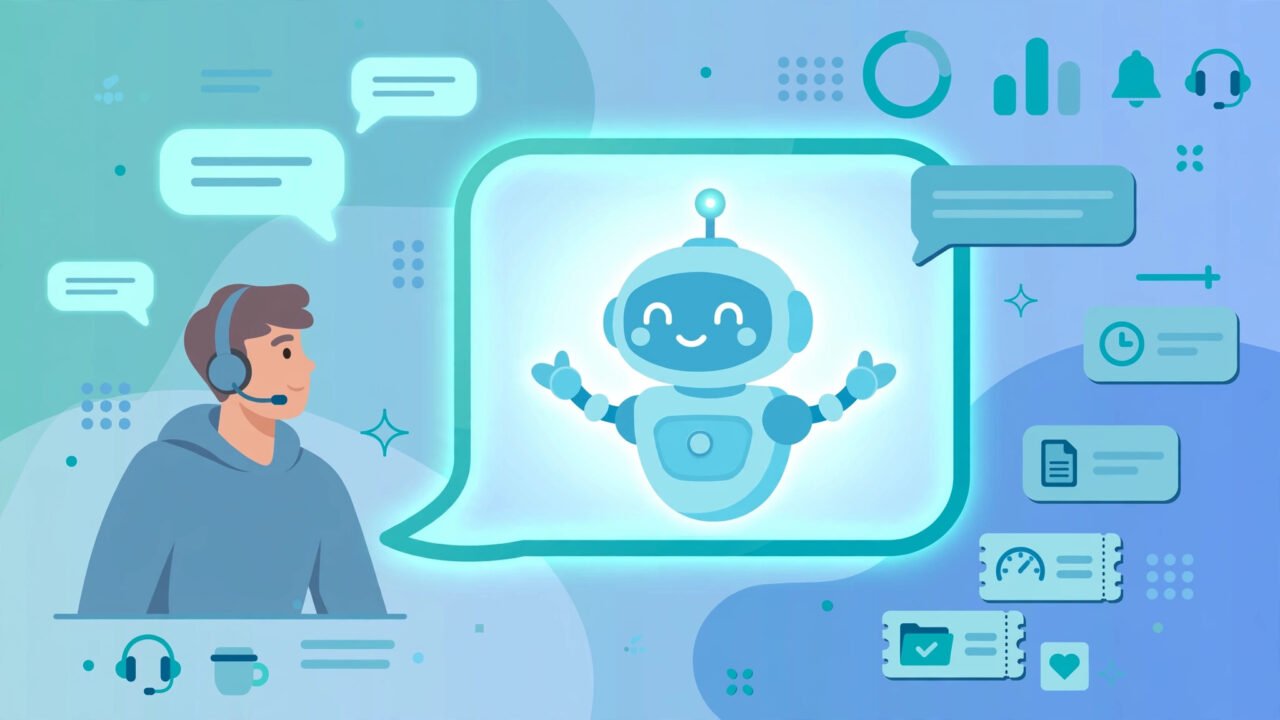 Friendly AI robot chatbot helping a customer inside a glowing chat bubble on a support dashboard
