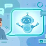 Friendly AI robot chatbot helping a customer inside a glowing chat bubble on a support dashboard
