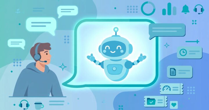 Friendly AI robot chatbot helping a customer inside a glowing chat bubble on a support dashboard
