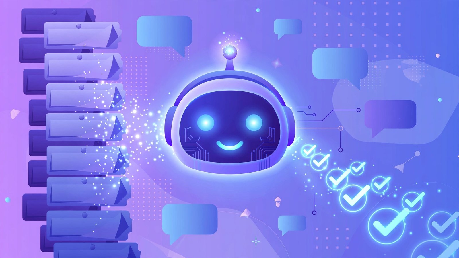 Glowing AI chatbot avatar automatically resolving a queue of customer support tickets marked with checkmarks