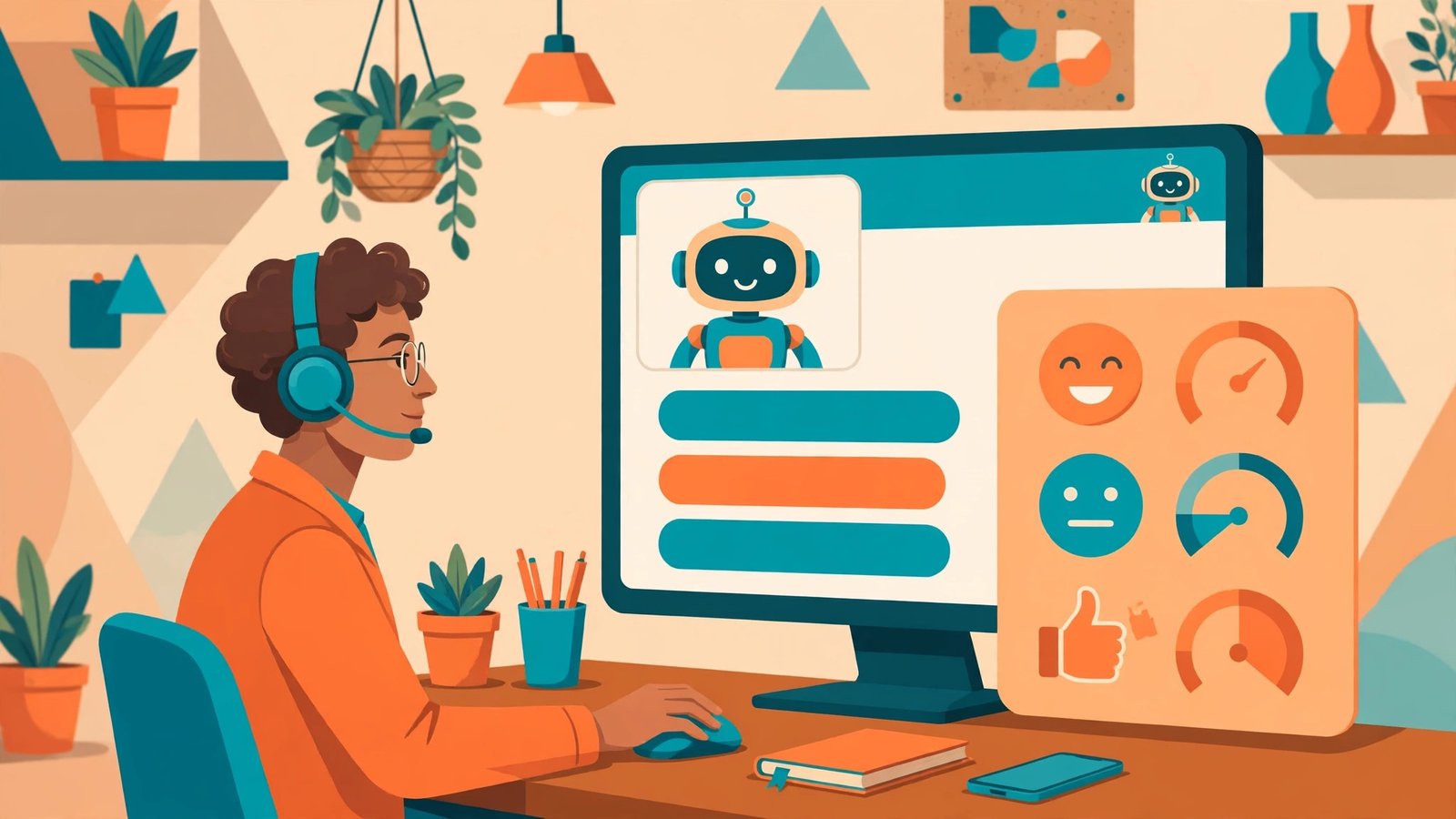 Support agent with headset using an AI robot copilot on screen with sentiment and satisfaction indicators