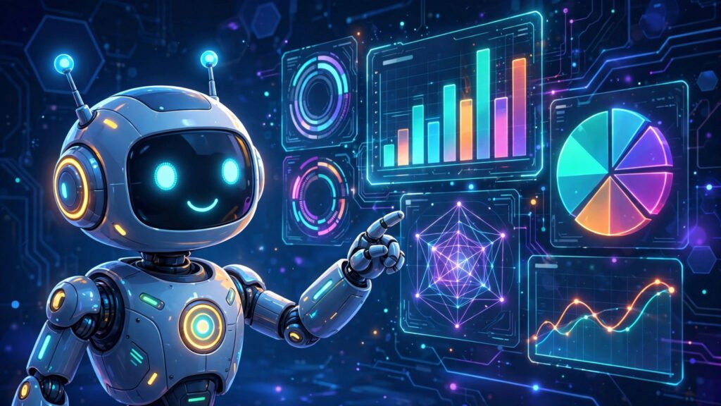 Illustration of an AI assistant analyzing colorful dashboards and charts