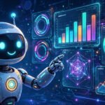 Illustration of an AI assistant analyzing colorful dashboards and charts