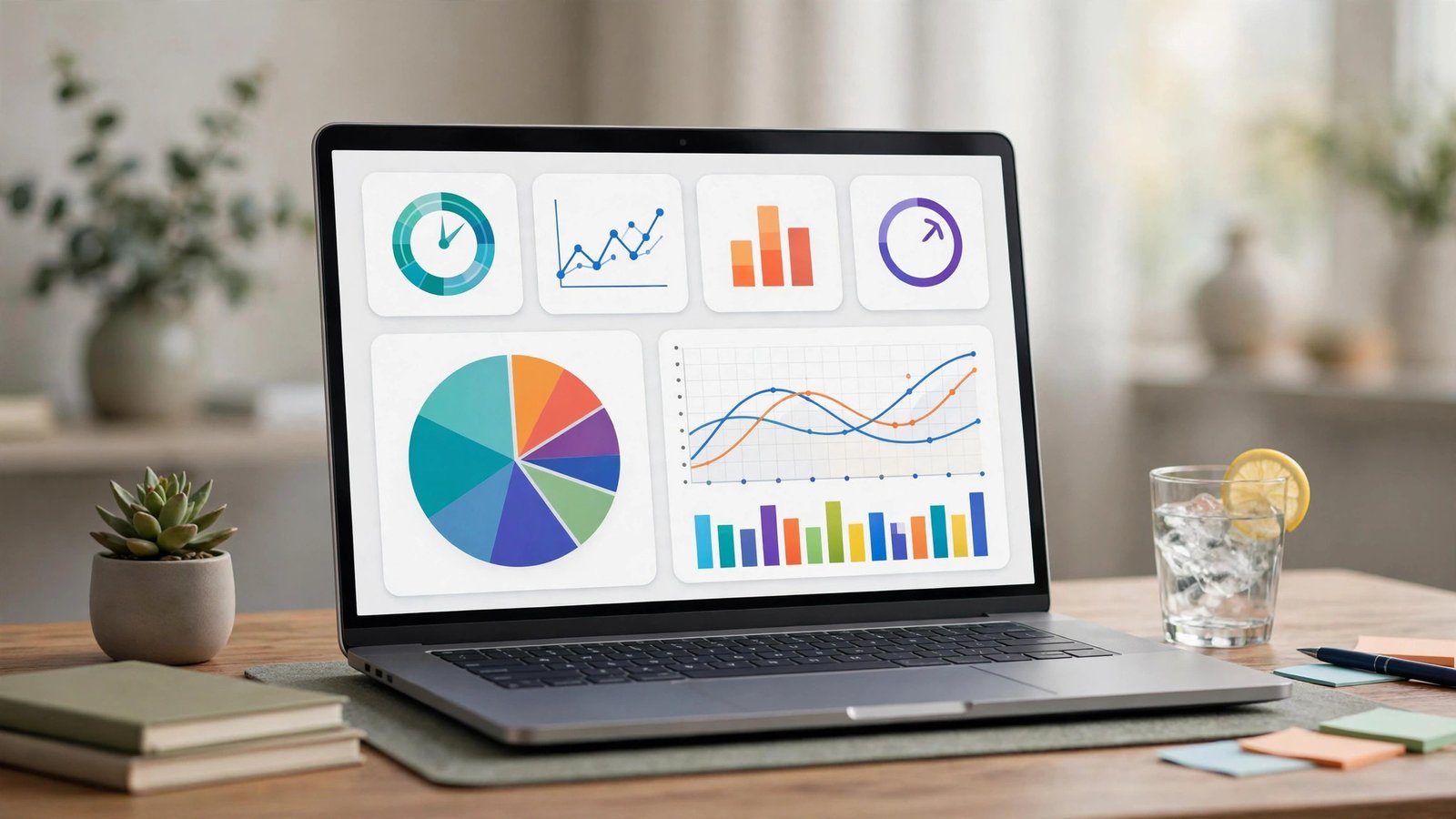 Illustration of a clean analytics dashboard displayed on a laptop screen