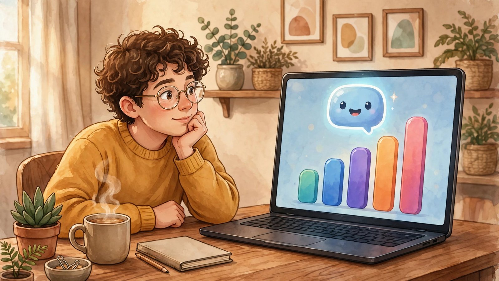Illustration of a person asking an AI chatbot a question answered with a chart