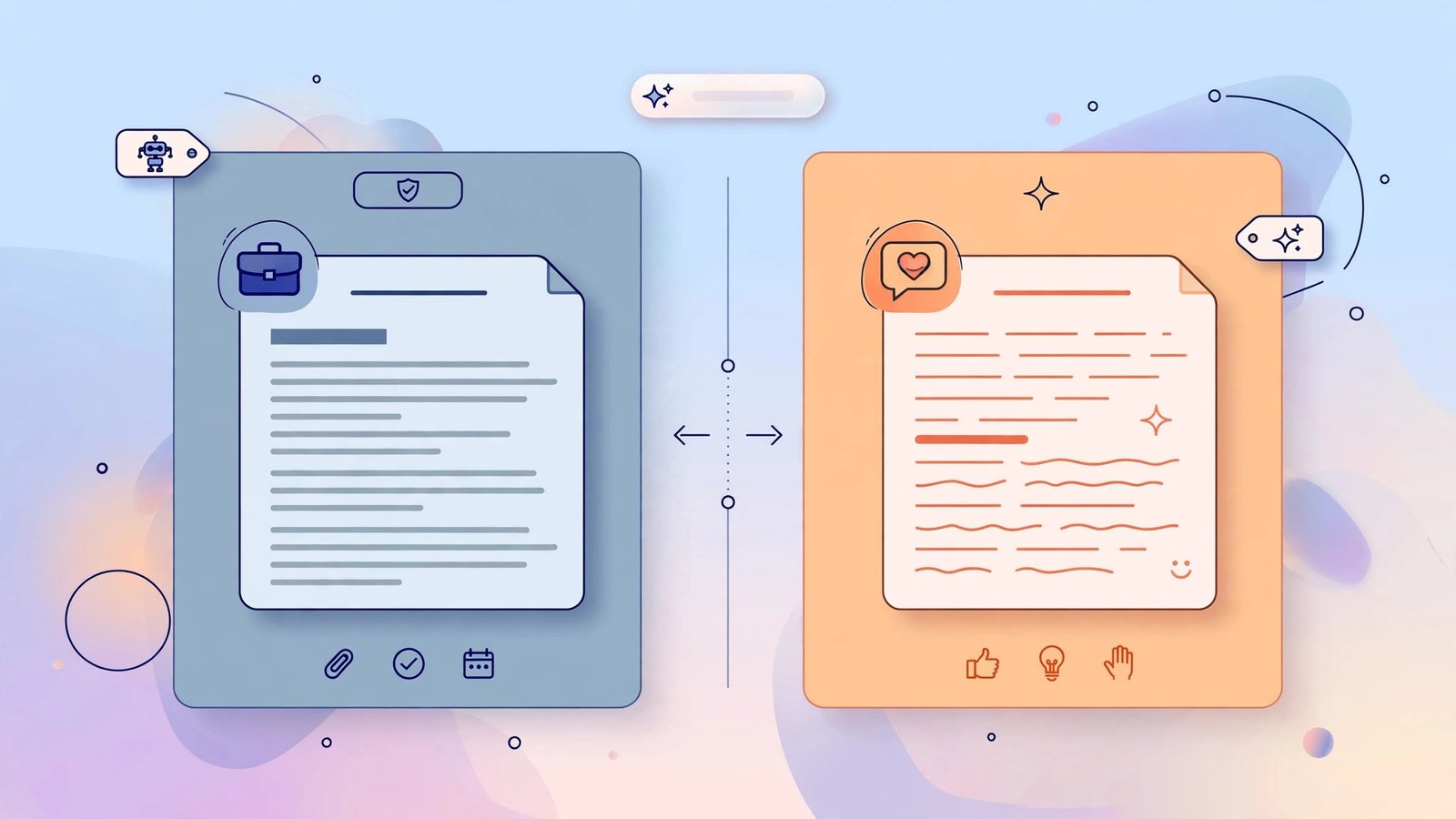 Side-by-side comparison of two AI-written email drafts, one formal business and one friendly outreach