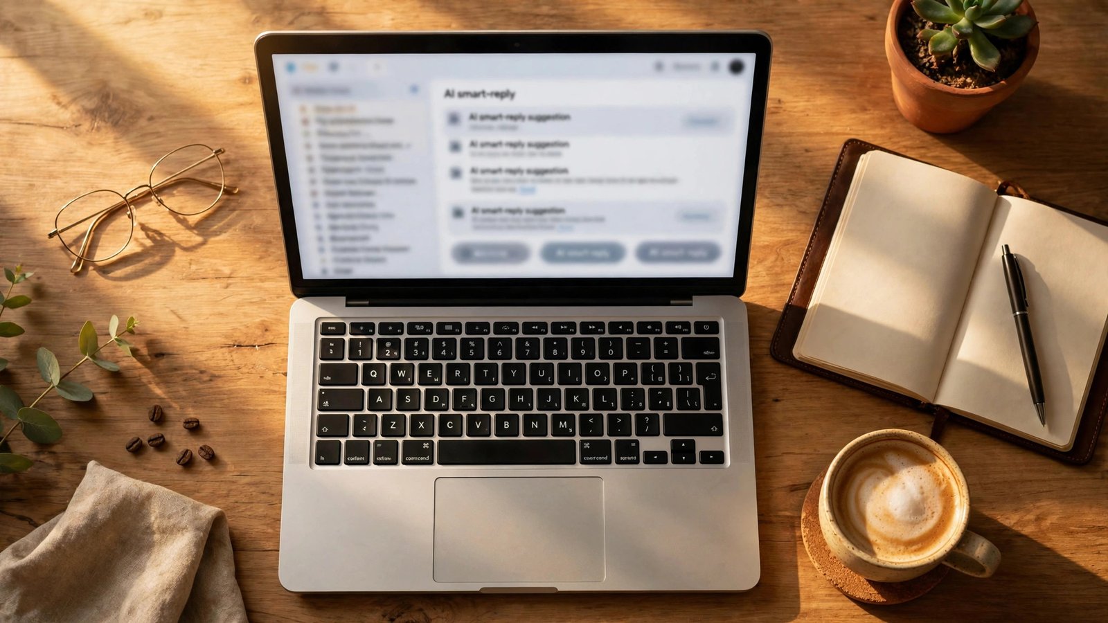 Writer's desk with a laptop showing AI smart reply suggestions in an inbox