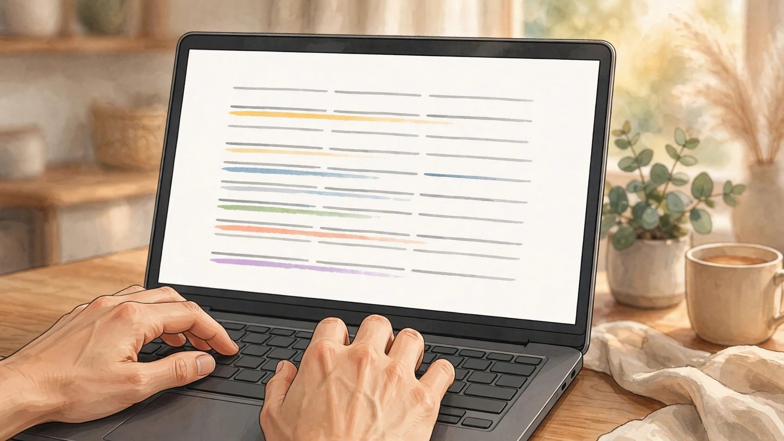 Hands typing on a laptop with AI grammar suggestions highlighted on the document