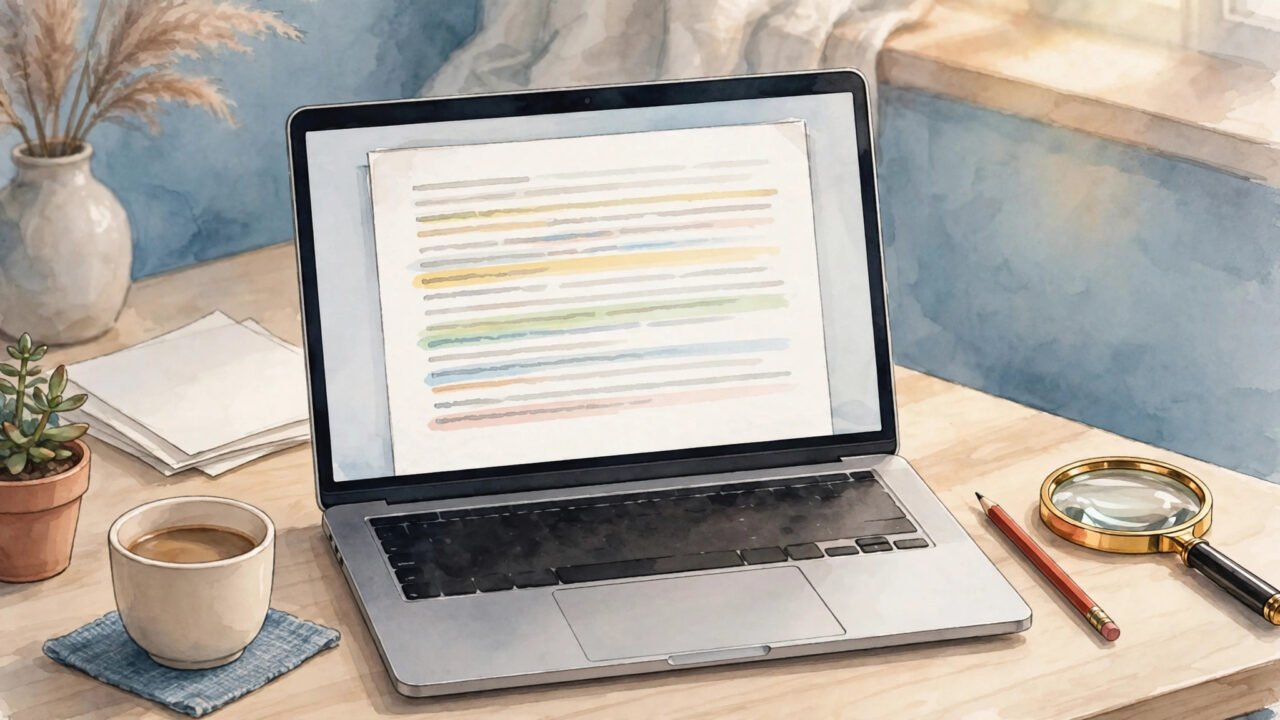 Laptop with an AI grammar-checked document, red pencil and magnifying glass on a desk