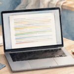 Laptop with an AI grammar-checked document, red pencil and magnifying glass on a desk