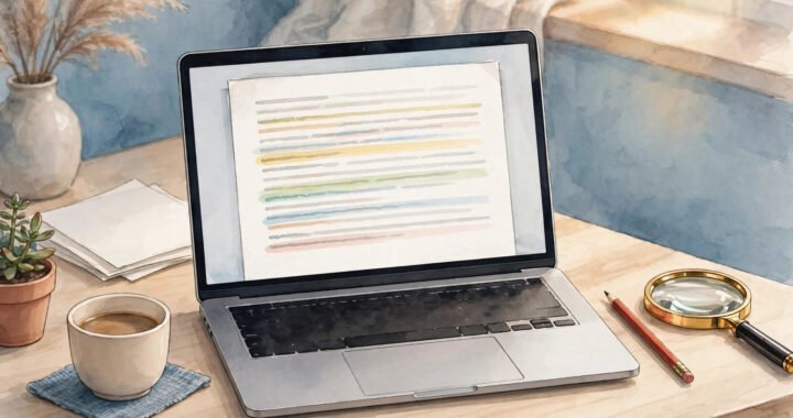 Laptop with an AI grammar-checked document, red pencil and magnifying glass on a desk