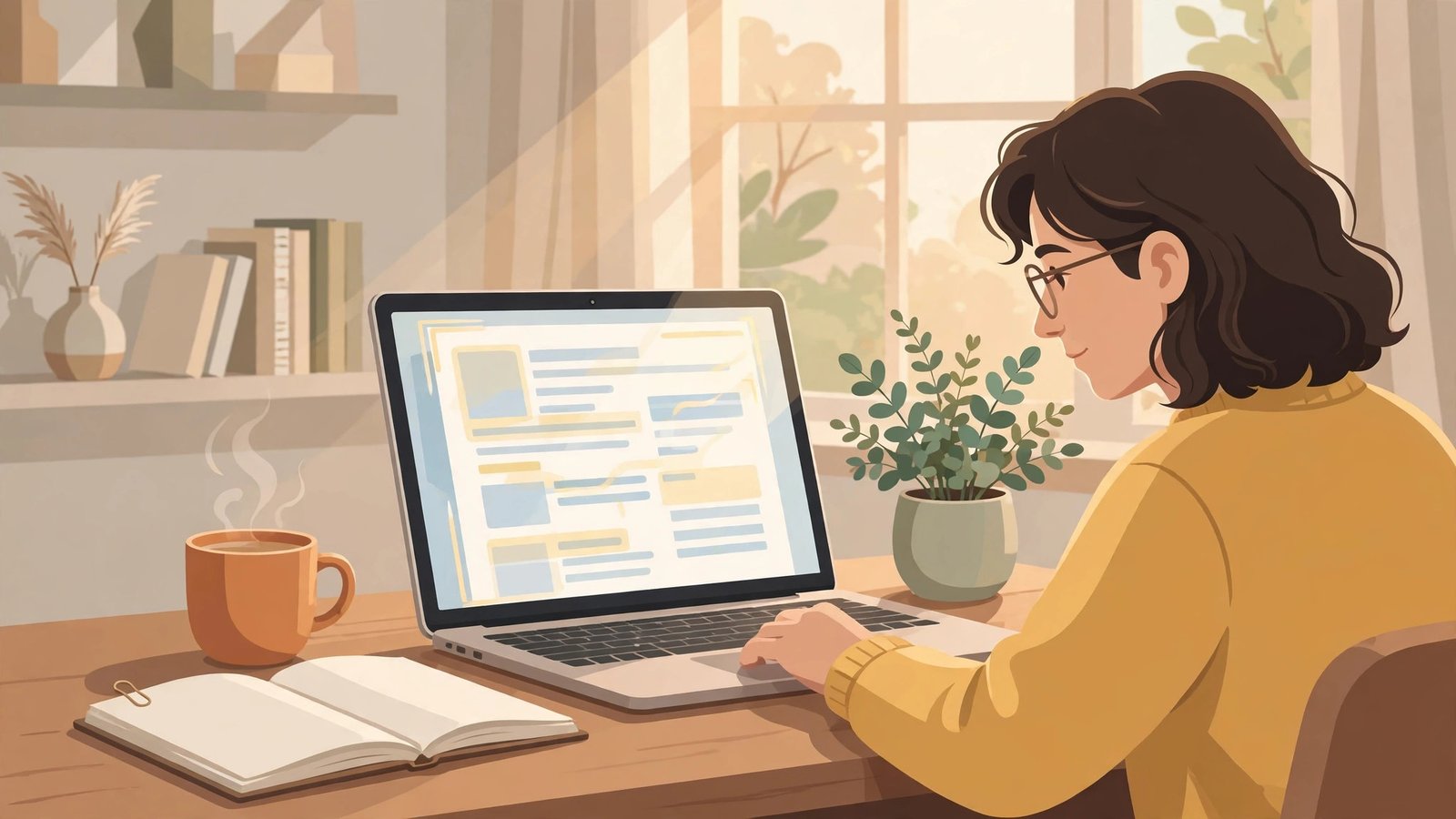 Writer at a tidy desk reviewing an AI-checked document on a laptop