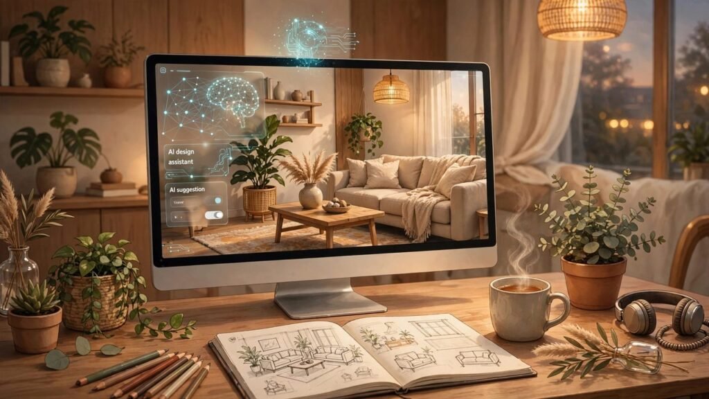 AI interior design tool generating a modern living room layout on a glowing screen