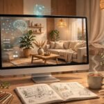AI interior design tool generating a modern living room layout on a glowing screen